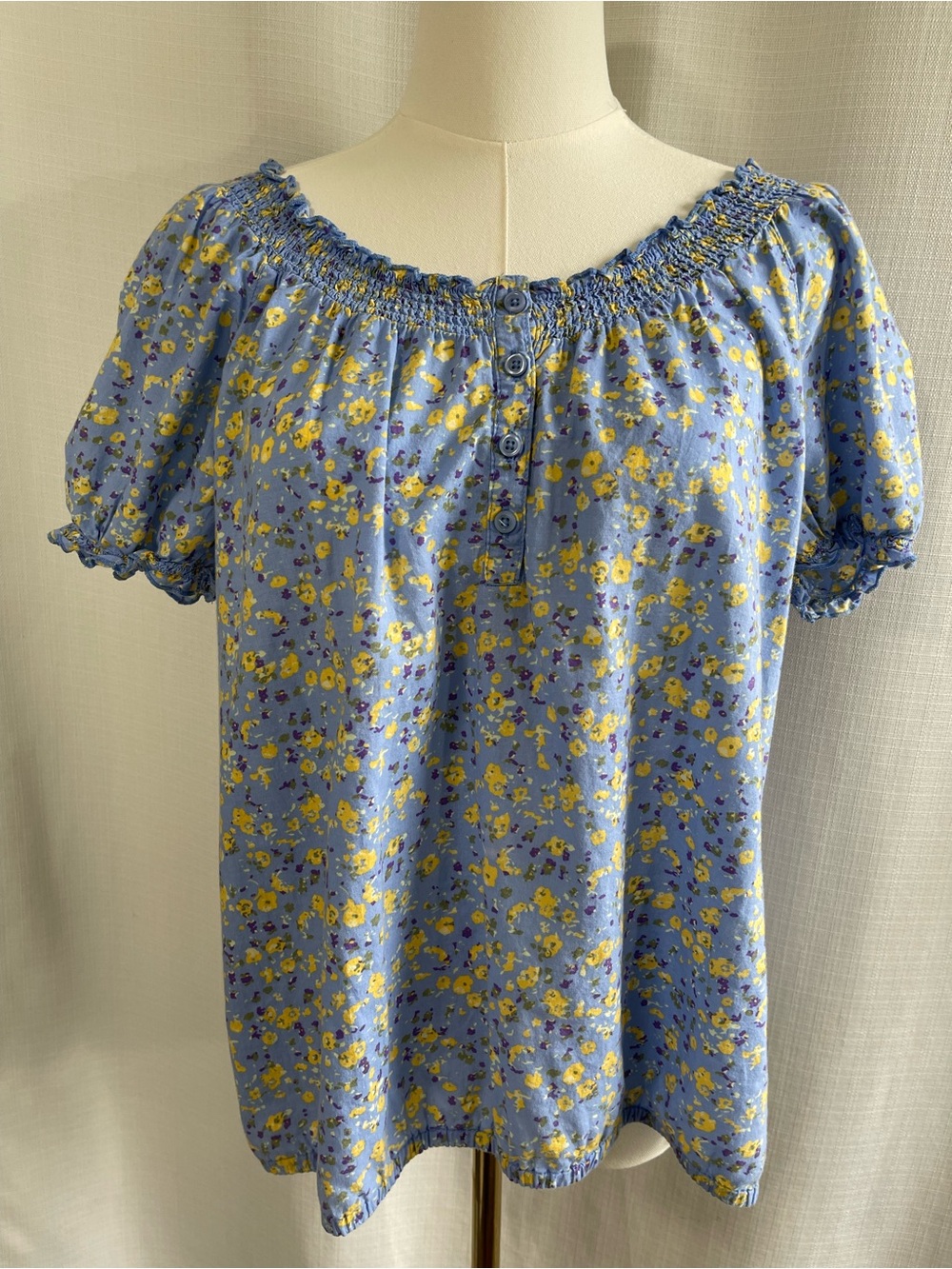 Laura Scott Petite Blue & Yellow Floral Smocked Peasant Blouse LP